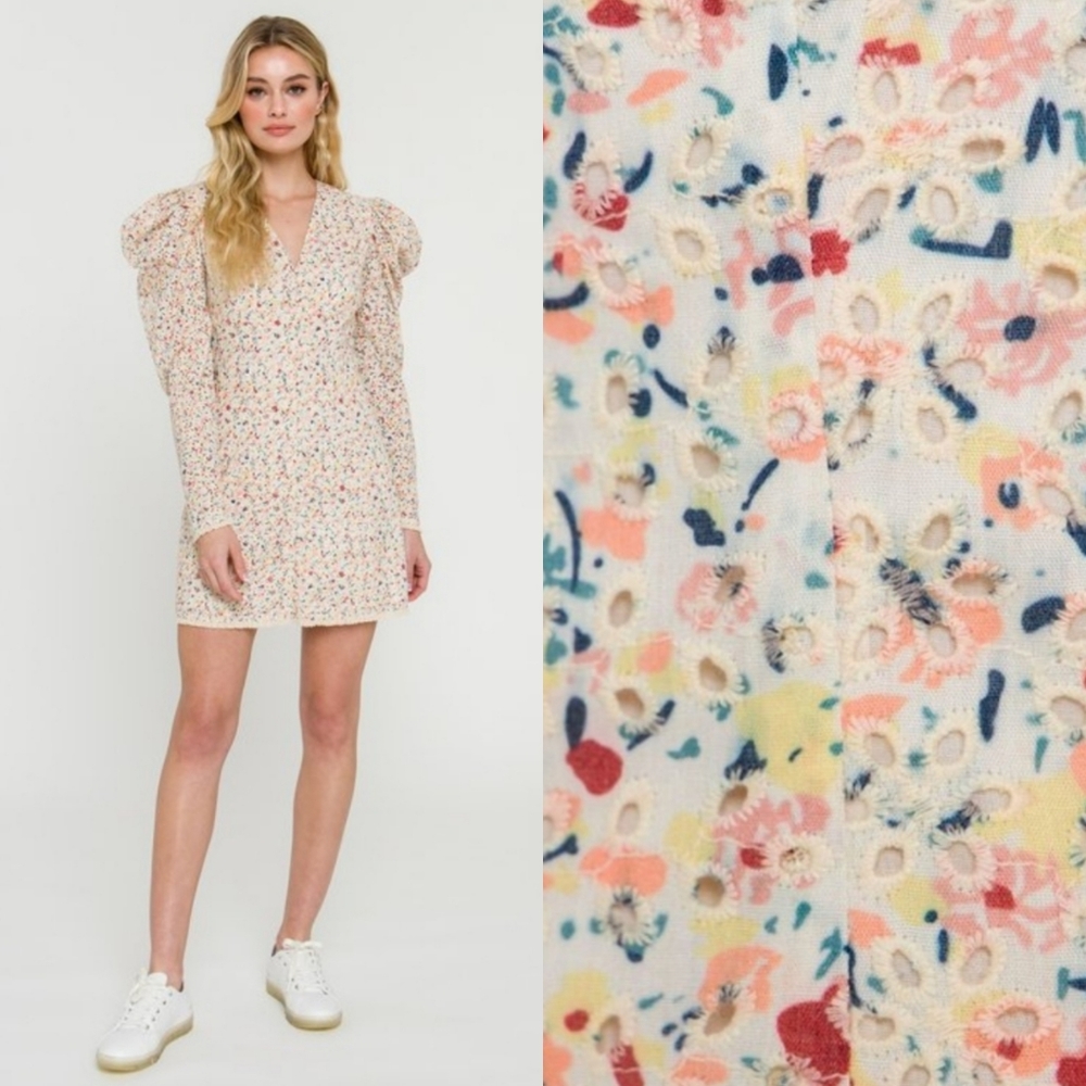 NWT Free The Roses Cottagecore Eyelet Mini Dress Yellow Size S